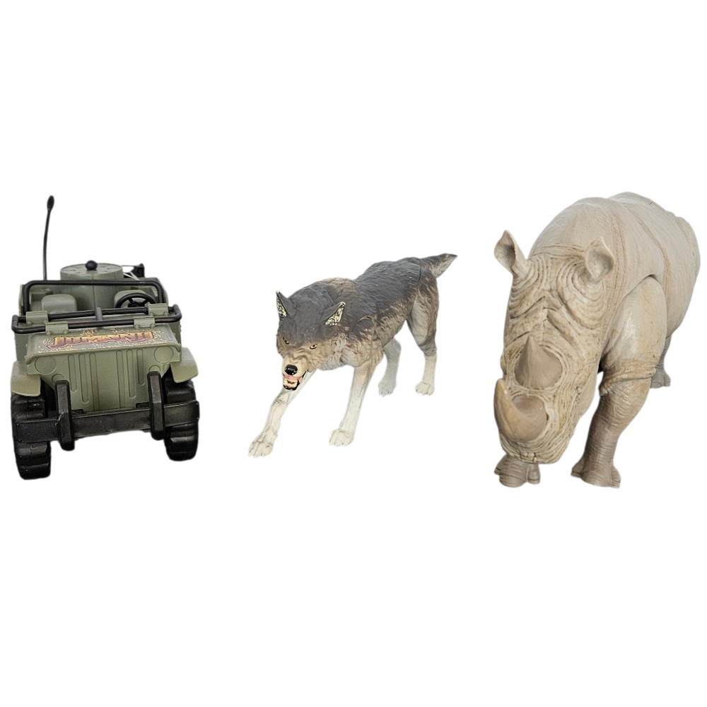 Toy Jeep, Wolf, and Rhino Set From The Jumanji Deluxe Playset